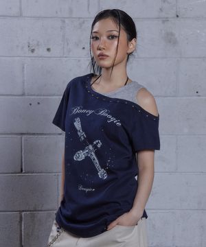(DUC) BB Layered One-Shoulder T-Shirt Dark Navy