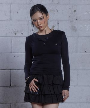 (DUC) Henley-Neck Double-Layer Long Sleeve Black
