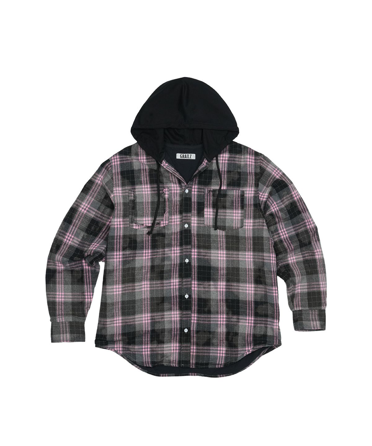 그레일즈(GRAILZ) BLEACHED PLAID HOOD SHIRTS [BLACK]