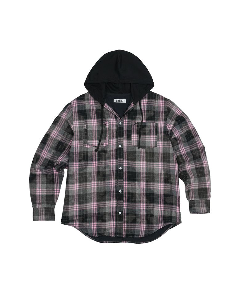 BLEACHED PLAID HOOD SHIRTS [BLACK]