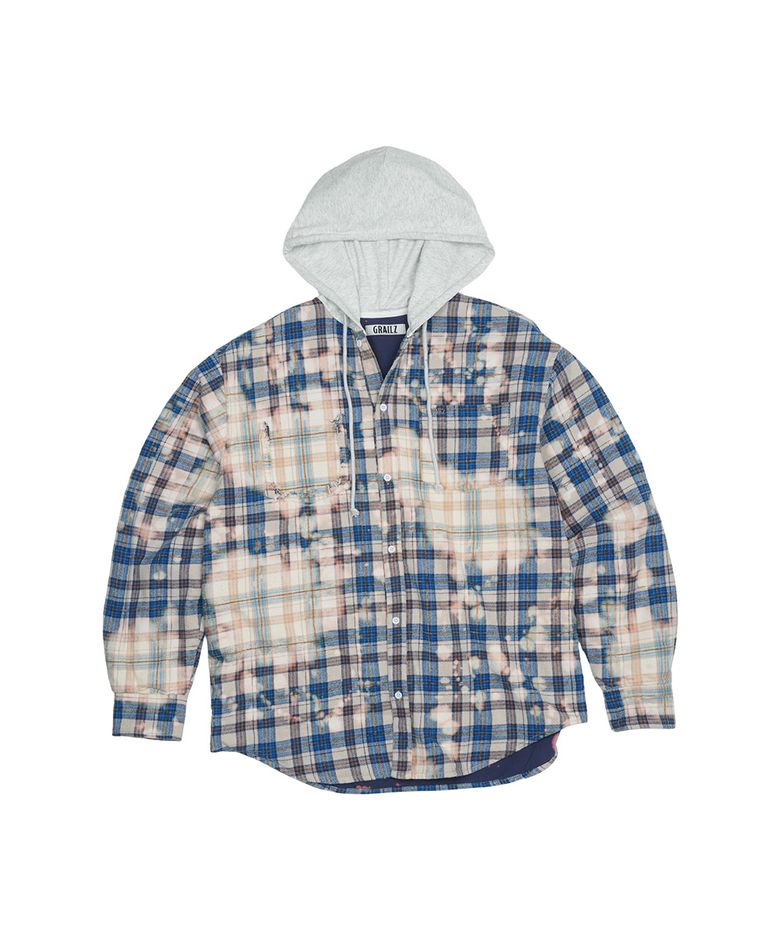 BLEACHED PLAID HOOD SHIRTS [BLUE]