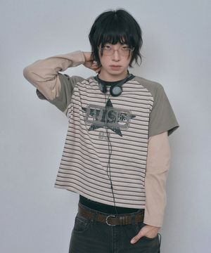 히스 스트라이프 레이어드 크롭 롱슬리브 - 카키