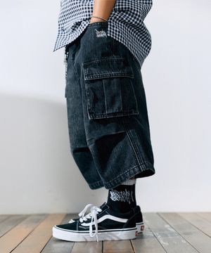 KIDS BERMUDA CARGO DENIM PANTS - BLACK