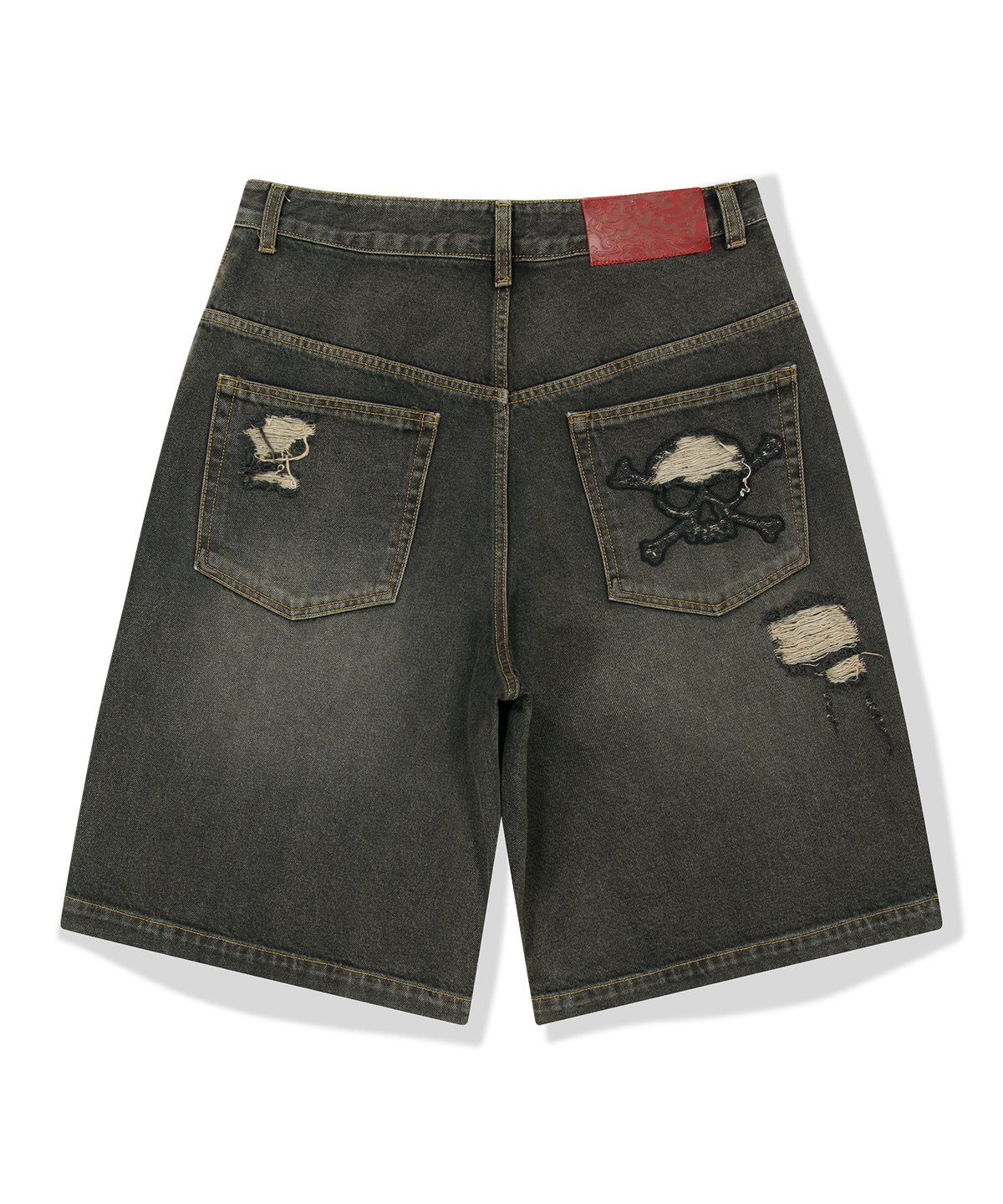 위캔더스(WKNDRS) [KOIN SEOUL] DAMAGED SKULL DENIM SHORTS (BLACK)