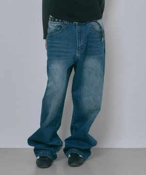 새깅 와이드 데님팬츠 - 딥블루