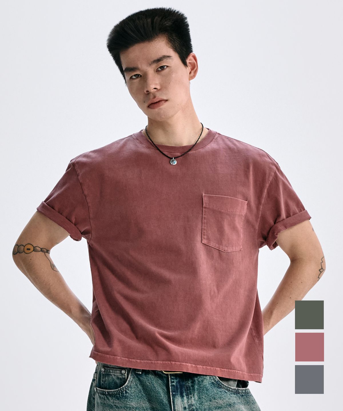 테이크이지(TAKEASY) 피그먼트 포켓 하프 티셔츠 - 3 COLOR
