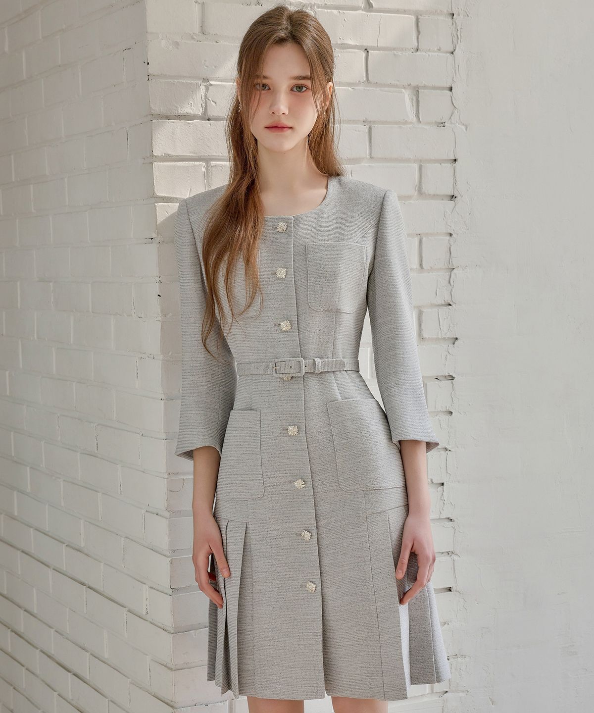 쥴리앤칼라(JULIY&CALLA) 26SS Calla135 쉬비긴즈 엘라플리츠 트위드 원피스 _보카시 블랙