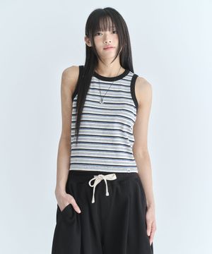 (우먼) 스트라이프 슬리브리스-다크 네이비