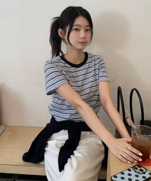 (우먼) 스트라이프 반소매 티셔츠-스카이 블루