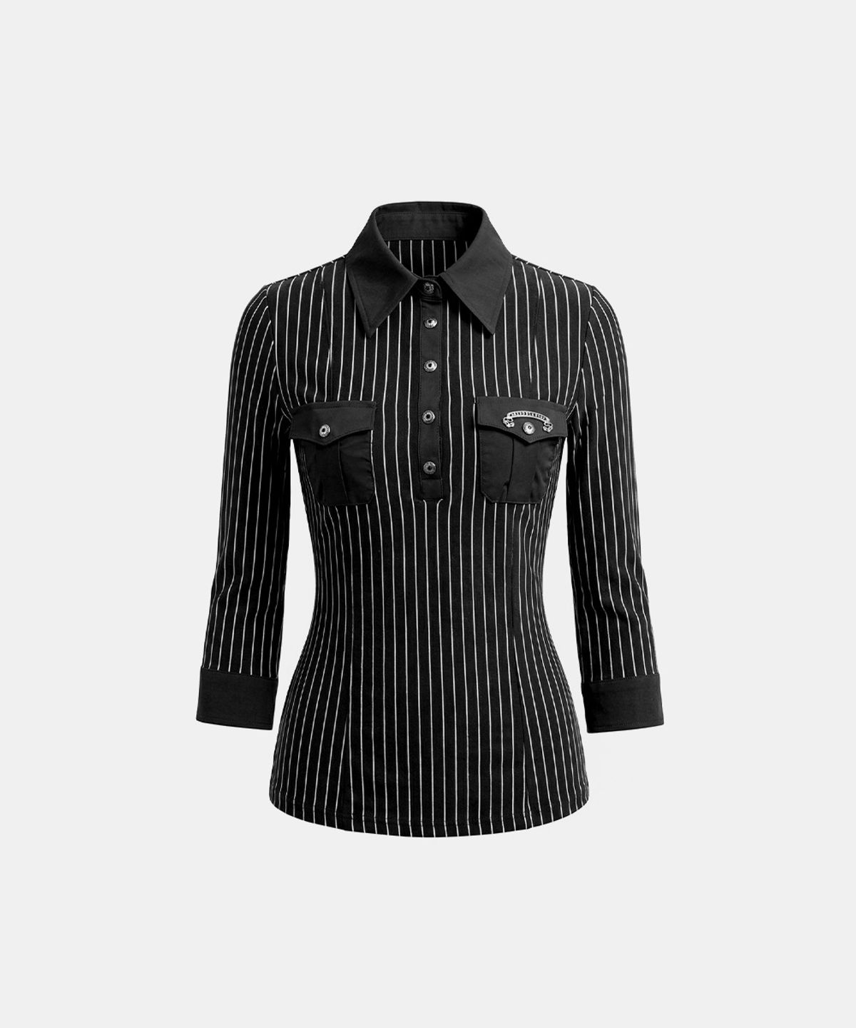 배드블러드(BADBLOOD) Vintage Jersey Polo 3/4 Sleeve Shirt - Black Stripe