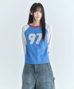 (우먼) 레글런 배색 7부 티셔츠-블루