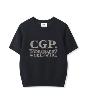 (우먼) 스퀘어 로고 반소매 니트-다크 네이비