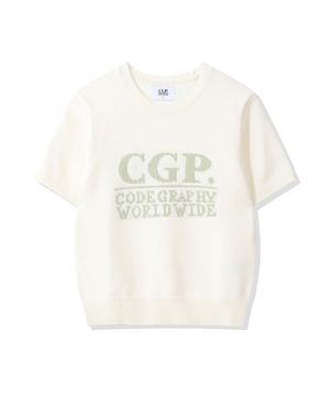 (우먼) 스퀘어 로고 반소매 니트-크림