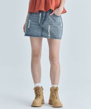 (우먼) 디스트로이드 데님 미니 스커트-워싱 블루