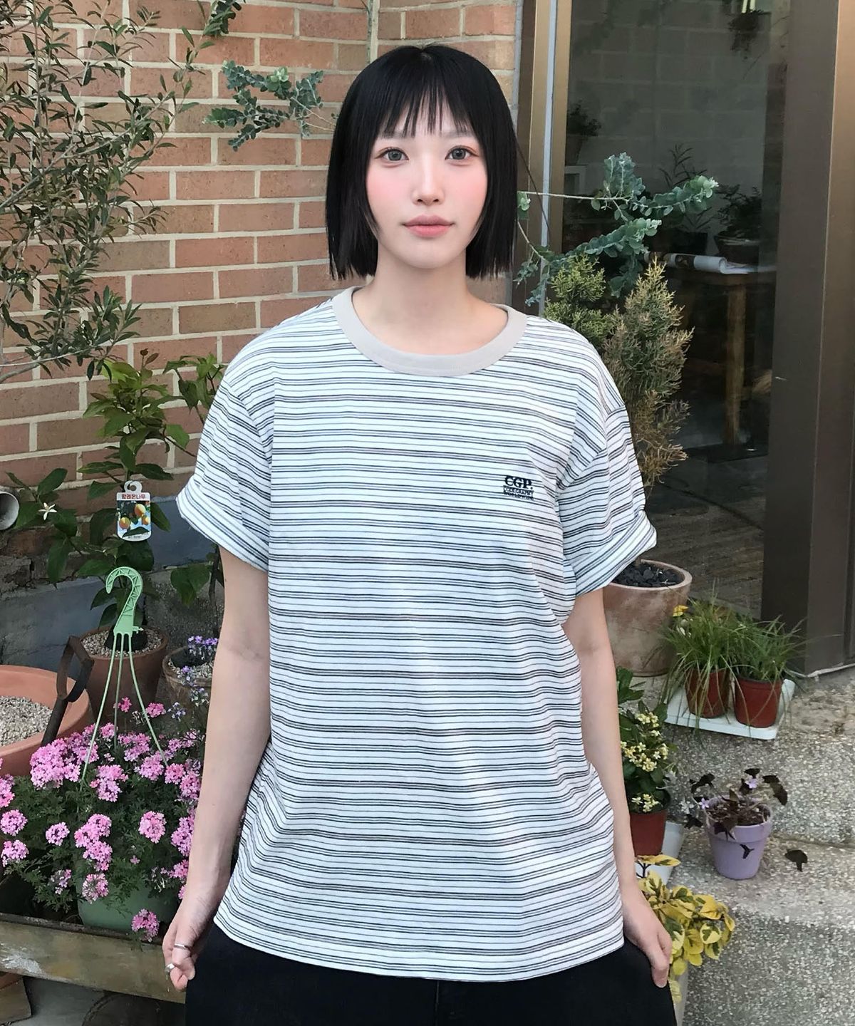 코드그라피(CGP) 멀티 스트라이프 반소매 티셔츠-아이보리