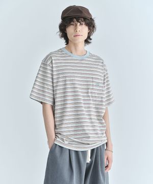 핀스트라이프 미니 포켓 반소매 티셔츠-멜란지 그레이