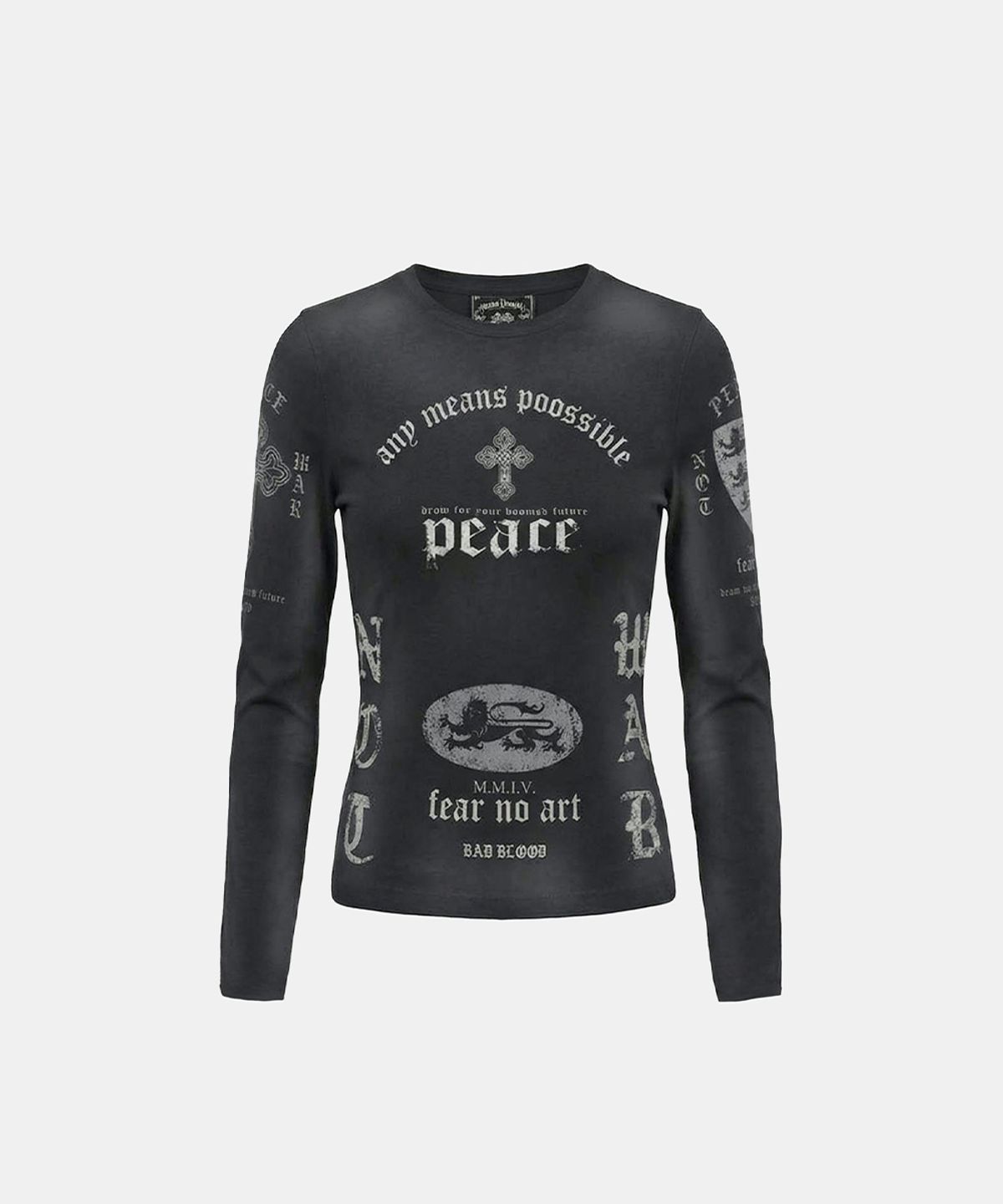 배드블러드(BADBLOOD) Peace Not War Slim Long Sleeve T-Shirt - Dusty Black