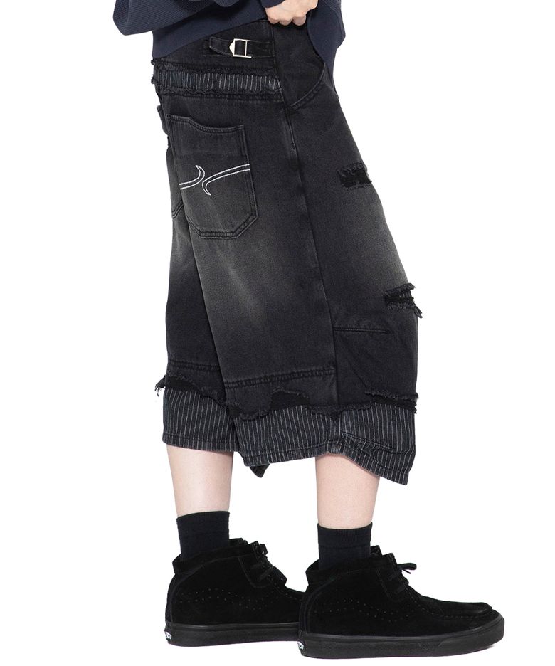 XP316 스트라이프 레이어드 버뮤다 데님 팬츠 (BLACK)
