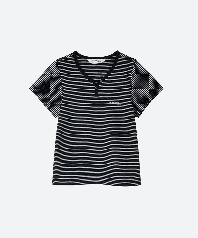 M.C Stripe Notch Neck T-Shirt / BLACK