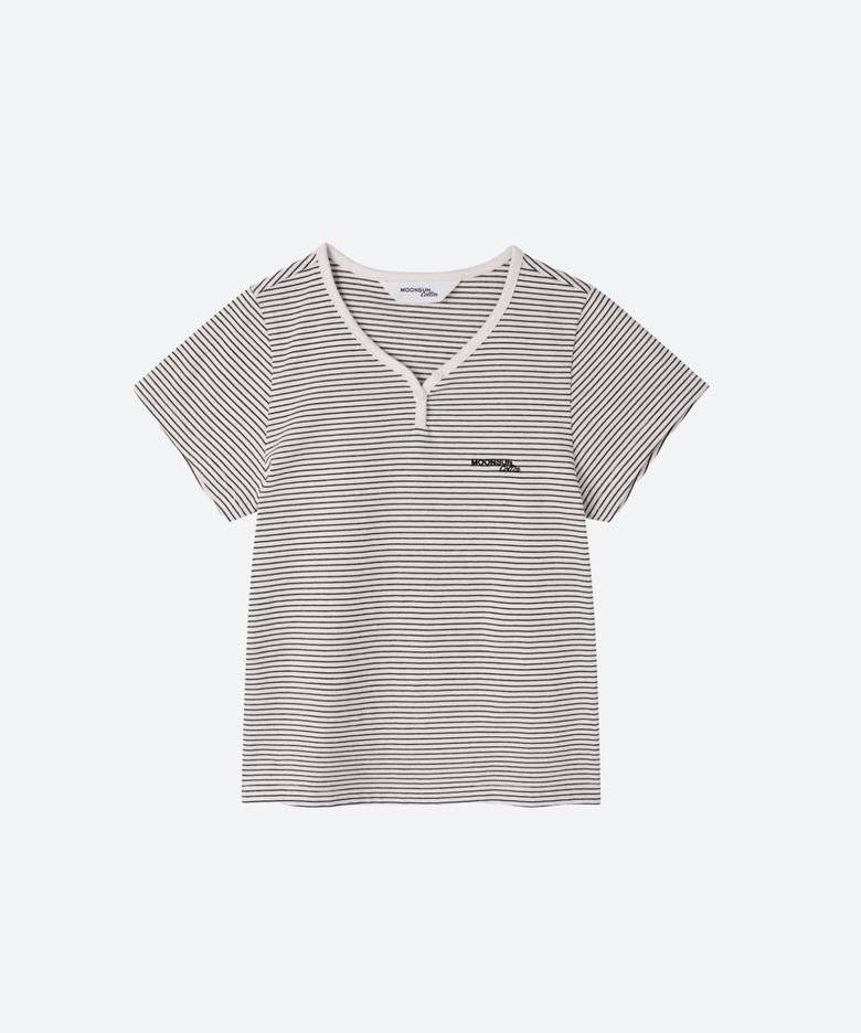 M.C Stripe Notch Neck T-Shirt / WHITE