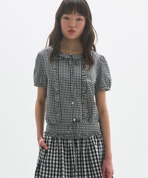 M.C Gingham Check Ruffle Blouse / BLACK