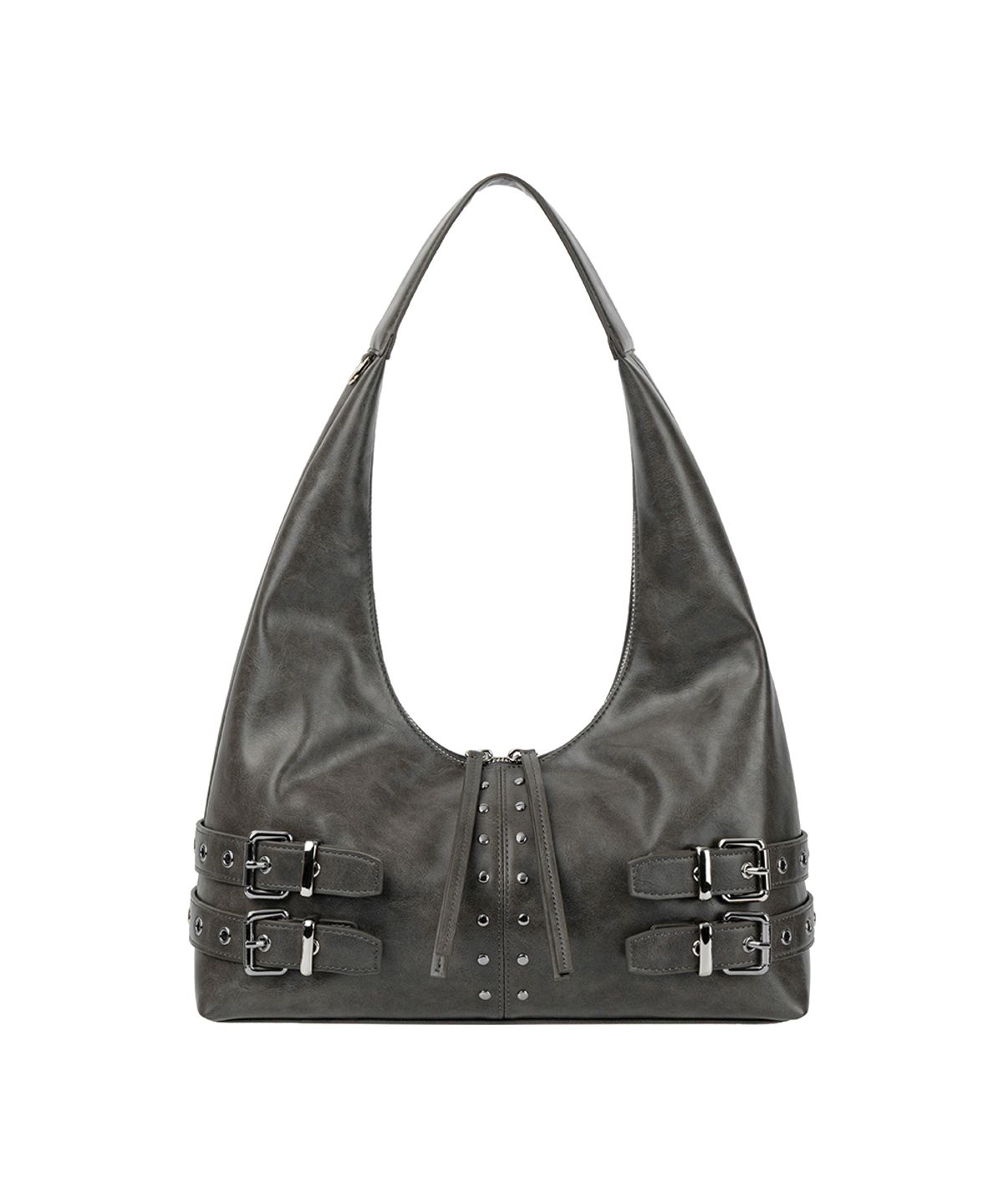 트리밍버드(TREEMINGBIRD) Double-Buckle Stud Shoulder Bag [ Light Gray ]