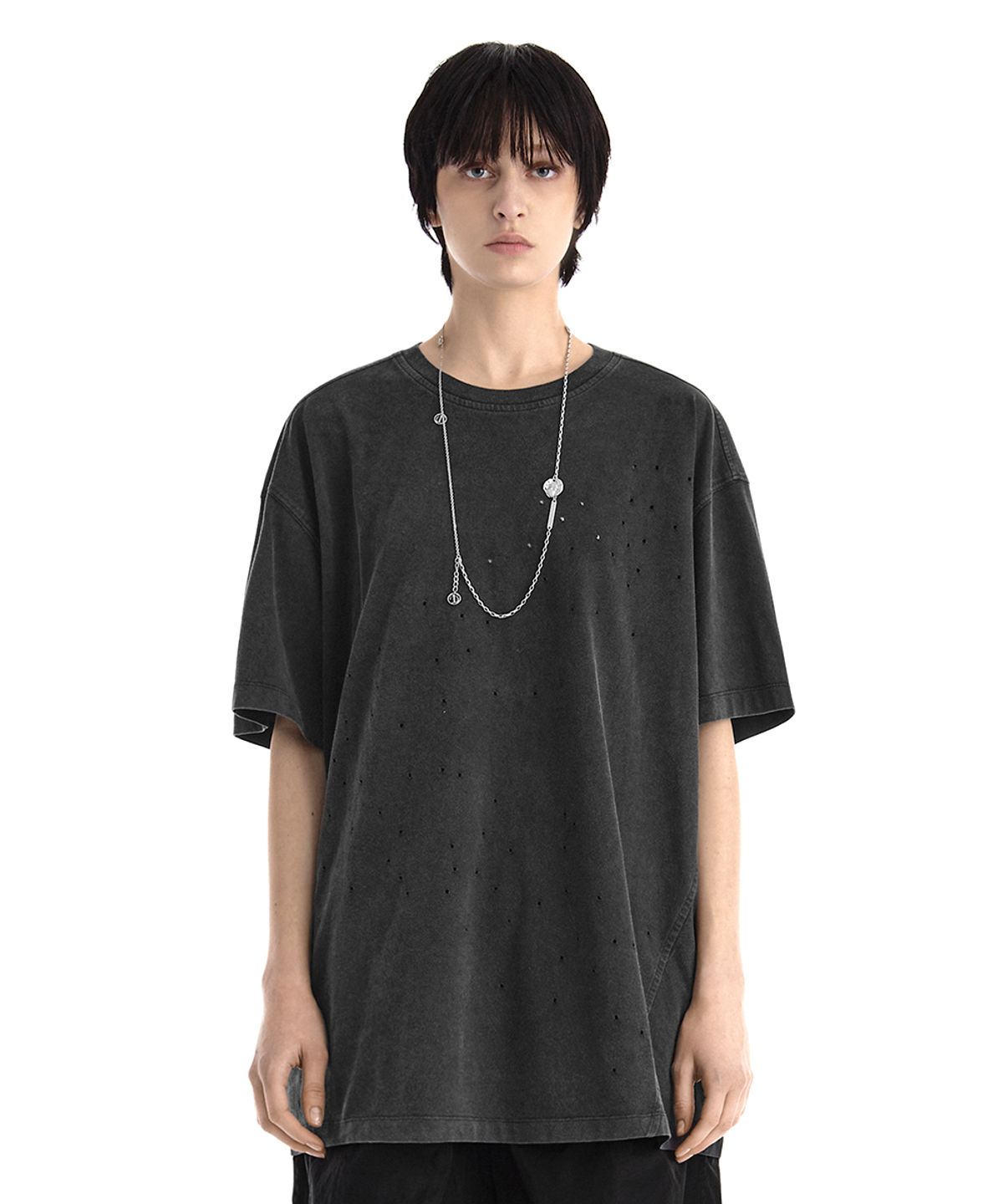 트리밍버드(TREEMINGBIRD) Distressed Garment Washed T-Shirt [ Charcoal ]