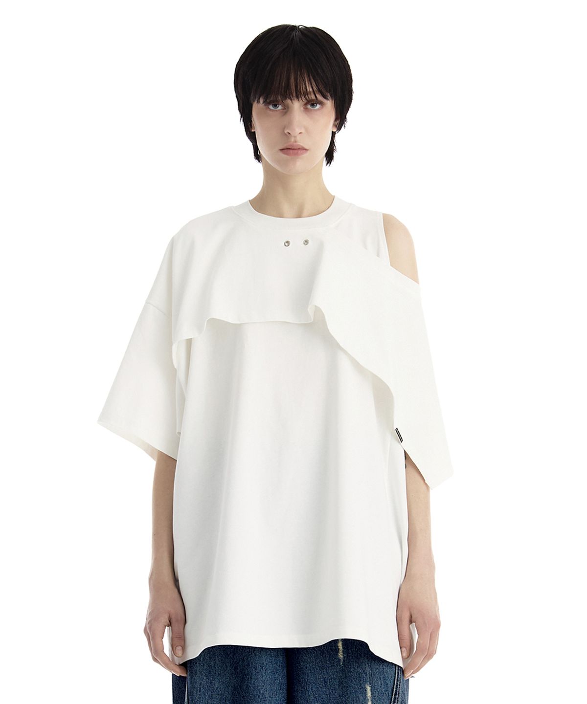 트리밍버드(TREEMINGBIRD) One-Sleeve Overlay Oversized T-Shirt [ White ]