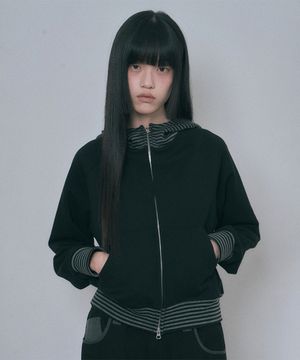 홀스 스트라이프 배색 후드집업 - 블랙