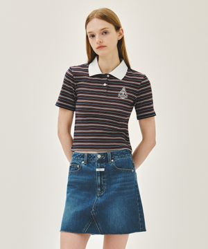 W STRIPE SLIM CROP COLLAR TEE navy
