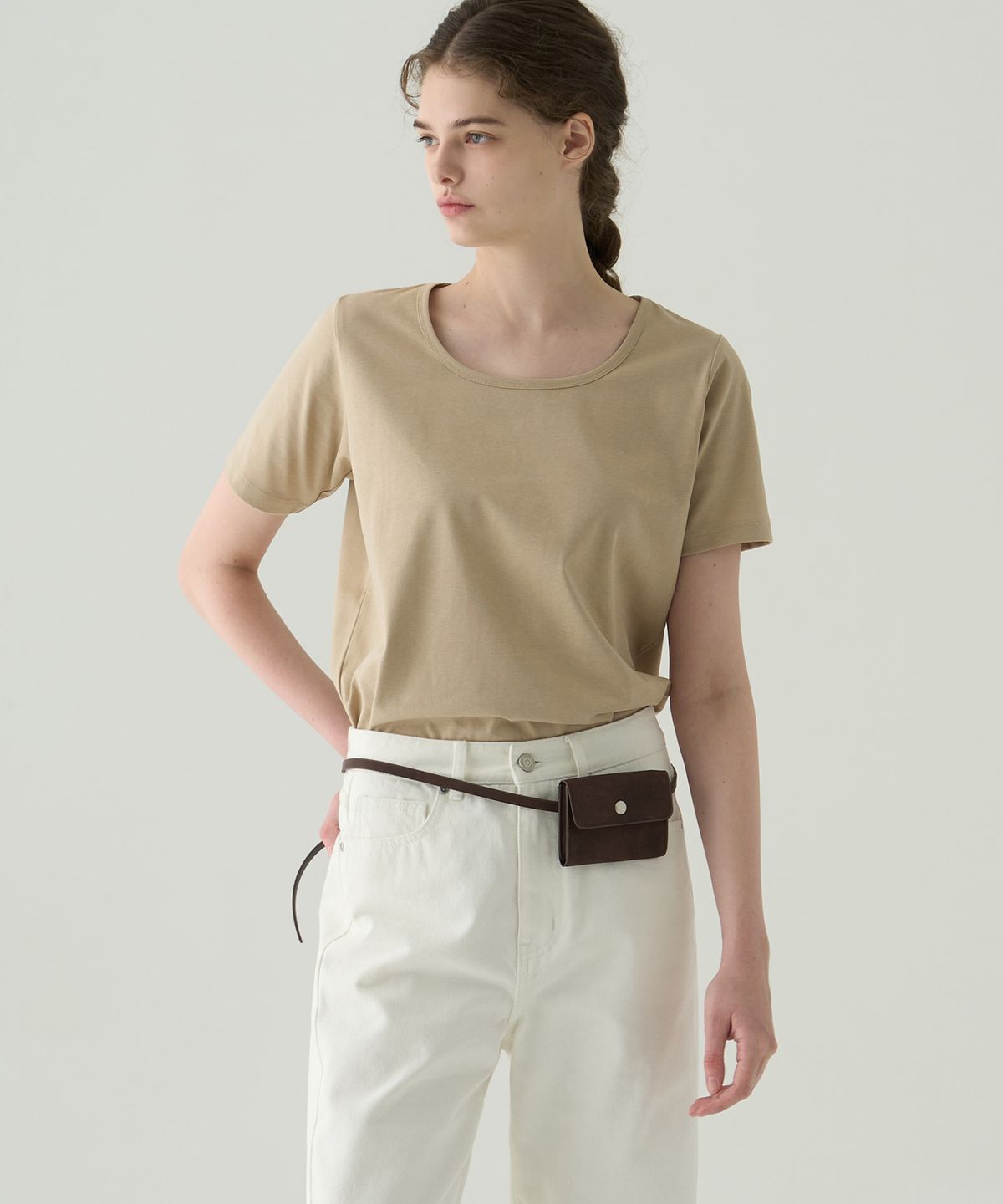 드로우핏 우먼(DRAWFIT WOMEN) 수피마 실켓 유 넥 반팔 티셔츠 [BEIGE]