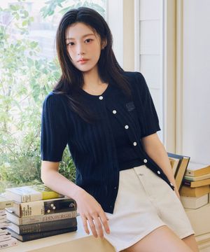 [고윤정 착장] W SMALL CLASSIC LOGO HALF KNIT CARDIGAN SET UP navy
