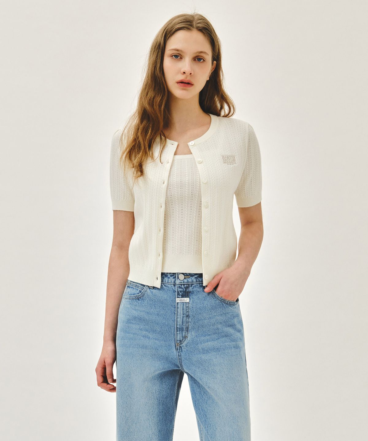 마리떼 프랑소와 저버(MARITHÉ + FRANҪOIS GIRBAUD) W SMALL CLASSIC LOGO HALF KNIT CARDIGAN SET UP ivory