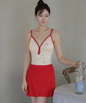 블루체크 원피스 수영복_플라워