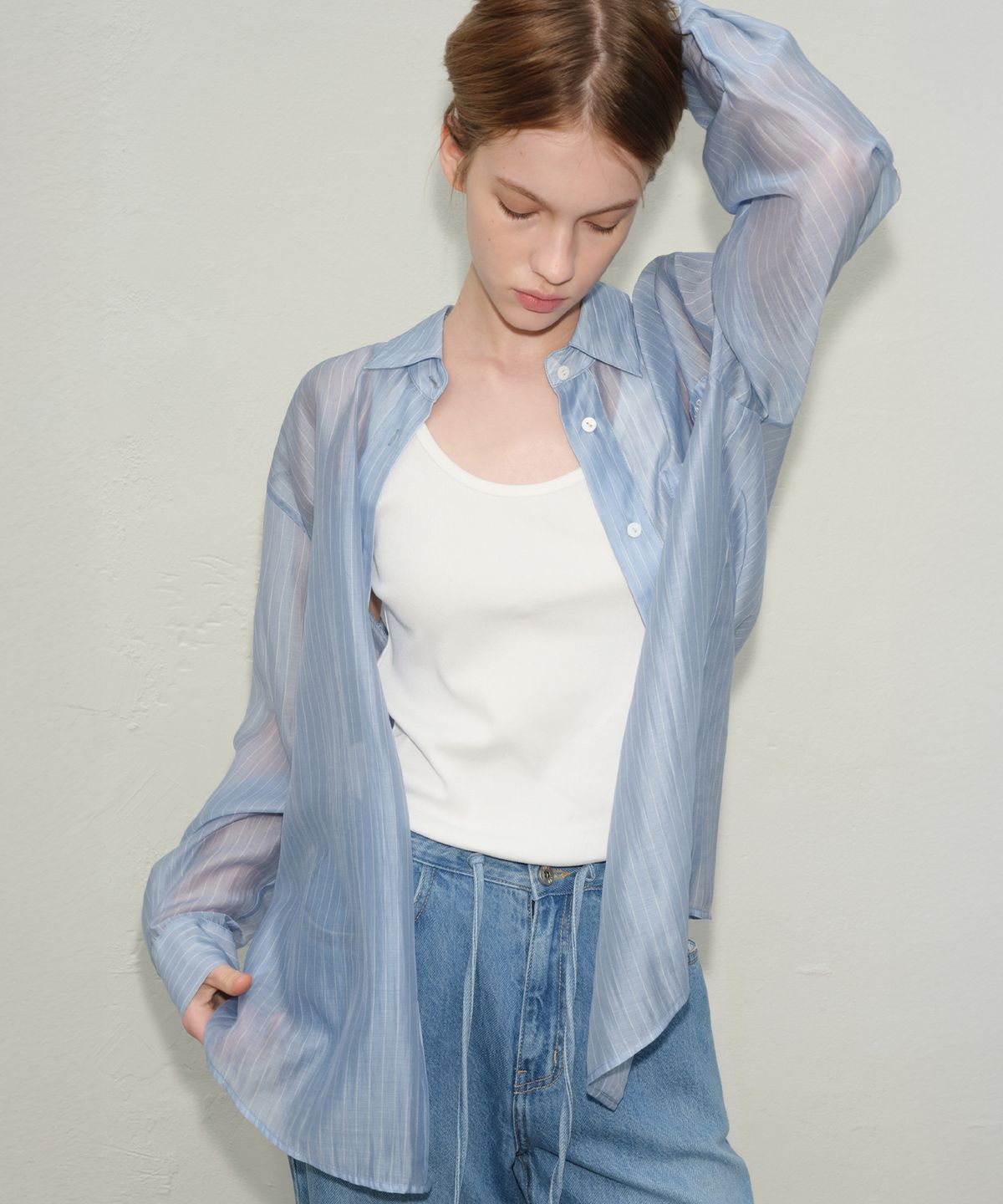 르바(LEVAR) Sheer Stripe Over-Shirt - Sky Blue Stripe