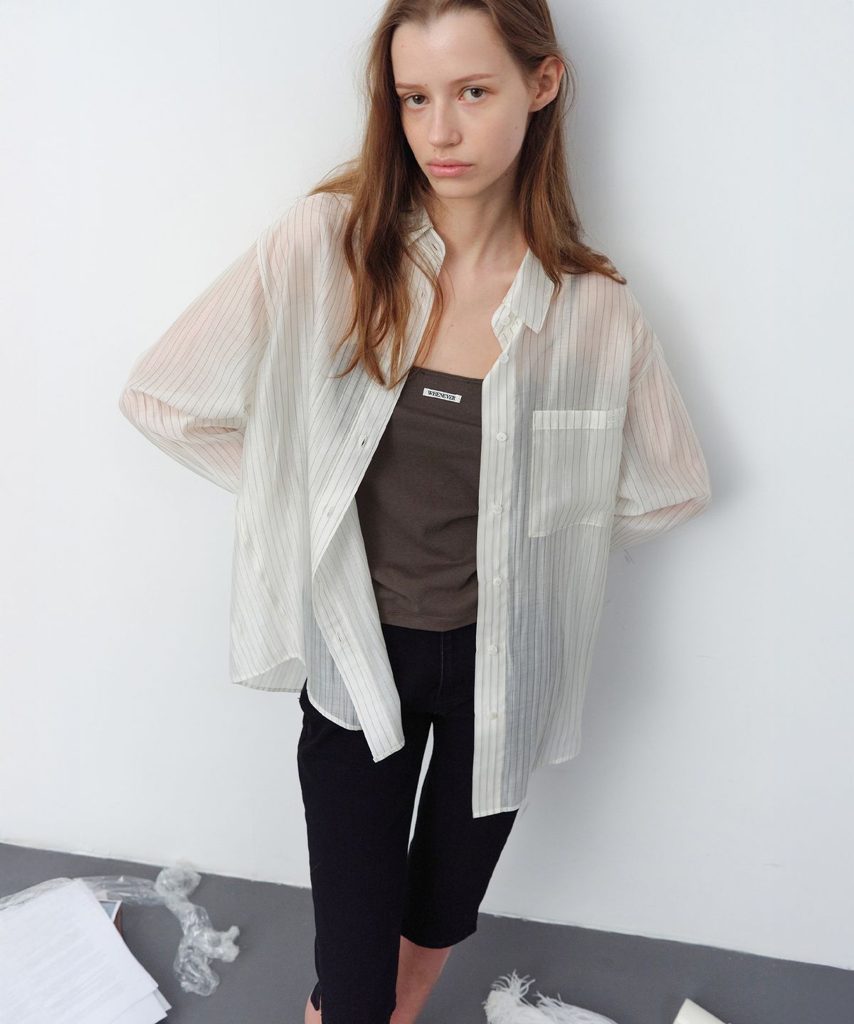 르바(LEVAR) Sheer Stripe Over-Shirt - Ivory Stripe