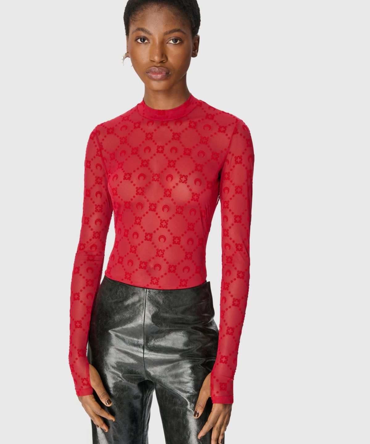 마린 세르(MARINE SERRE) (W) 무노그램 메쉬 플록 롱슬리브 하이넥 탑 리본 레드 MOONOGRAM MESH FLOCK LS HIGHNECK TOP RD11 RIBBON RED