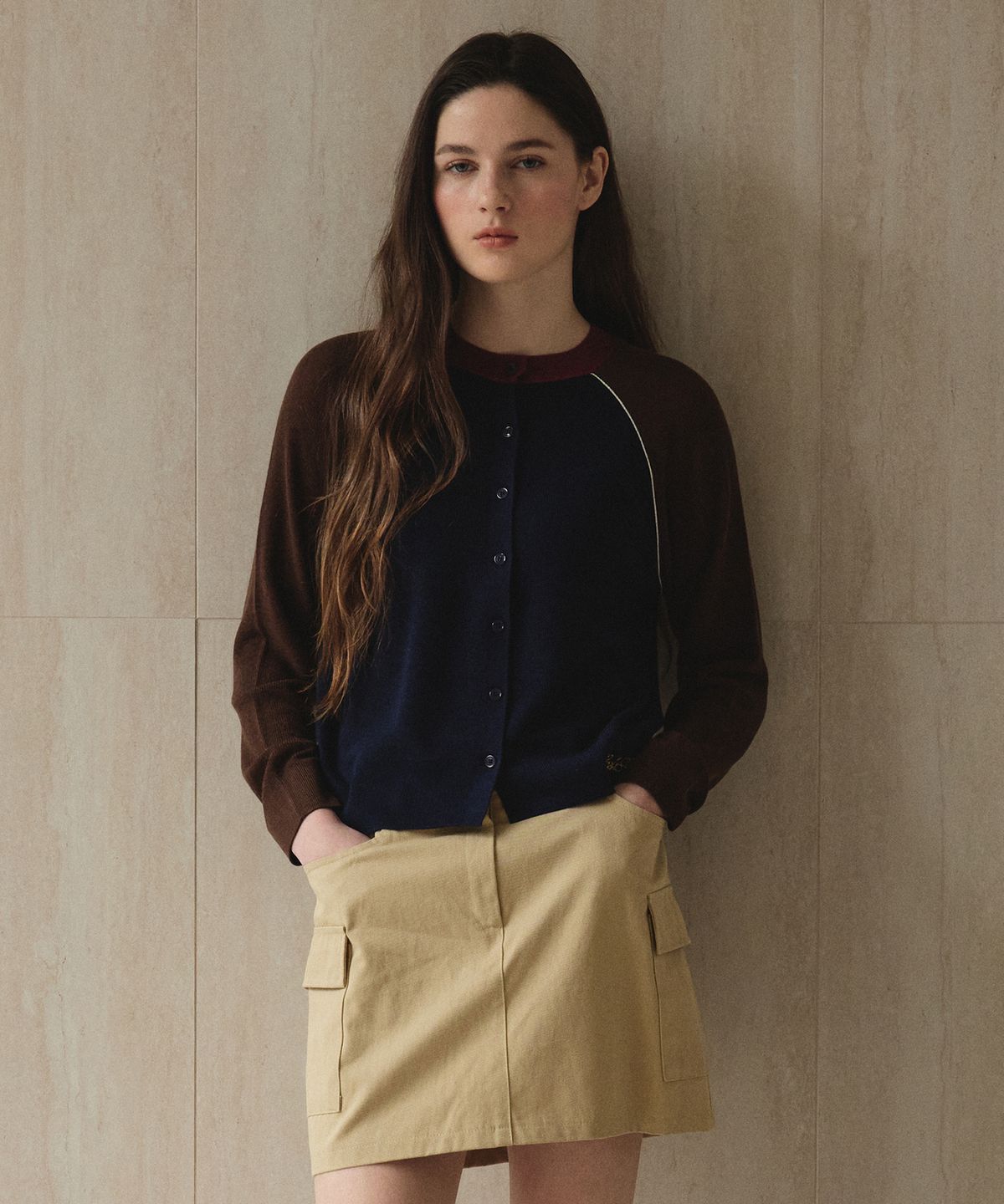 스튜디오앤파르크(STUDIO&PARC) Raglan Contrast Sleeve Cardigan_Navy