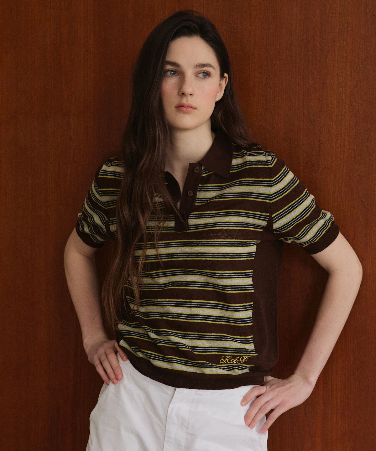 스튜디오앤파르크(STUDIO&PARC) Striped Collar Short Sleeve Knit_Brown