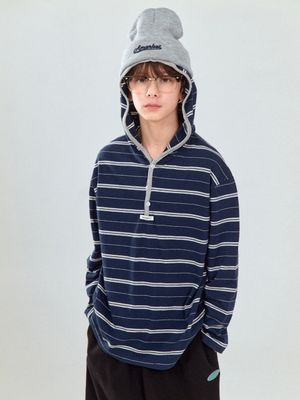 BUTTON STRIPE HOODIE_NAVY