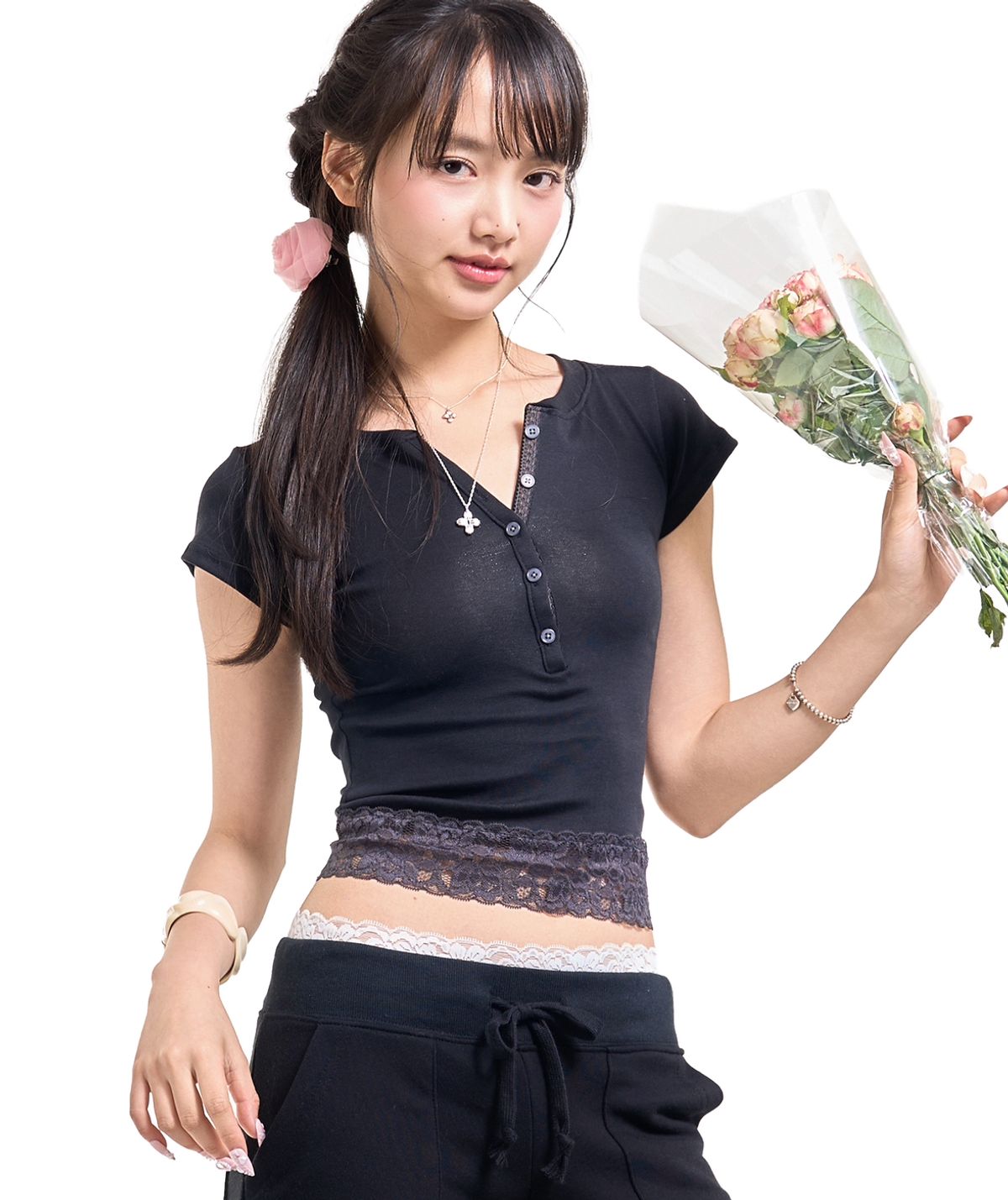 포어링(FORUSRING) Baby powder lace tee (black)