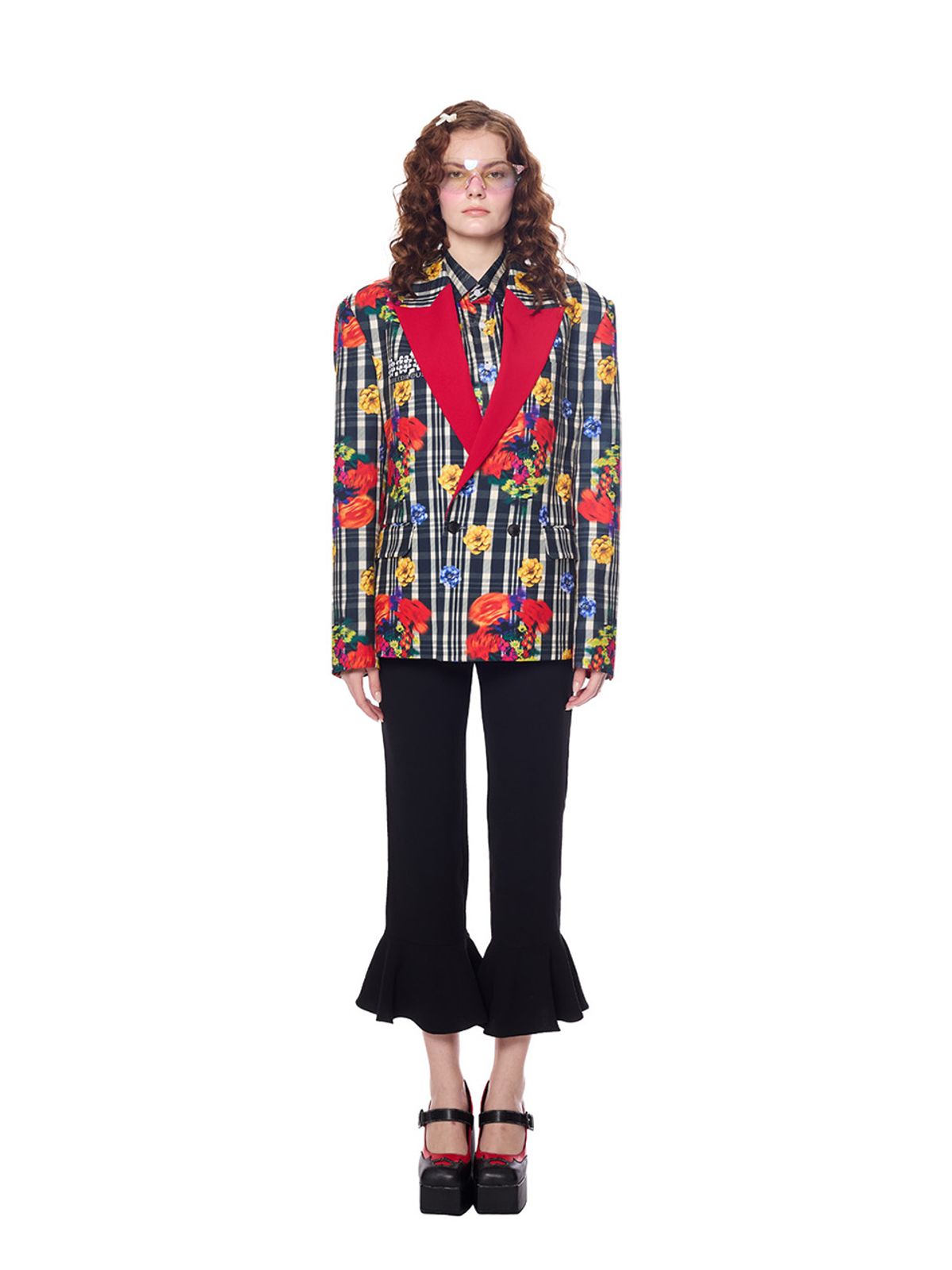 그리디어스(GREEDILOUS) Joy Emblem Check Flower double Blazer
