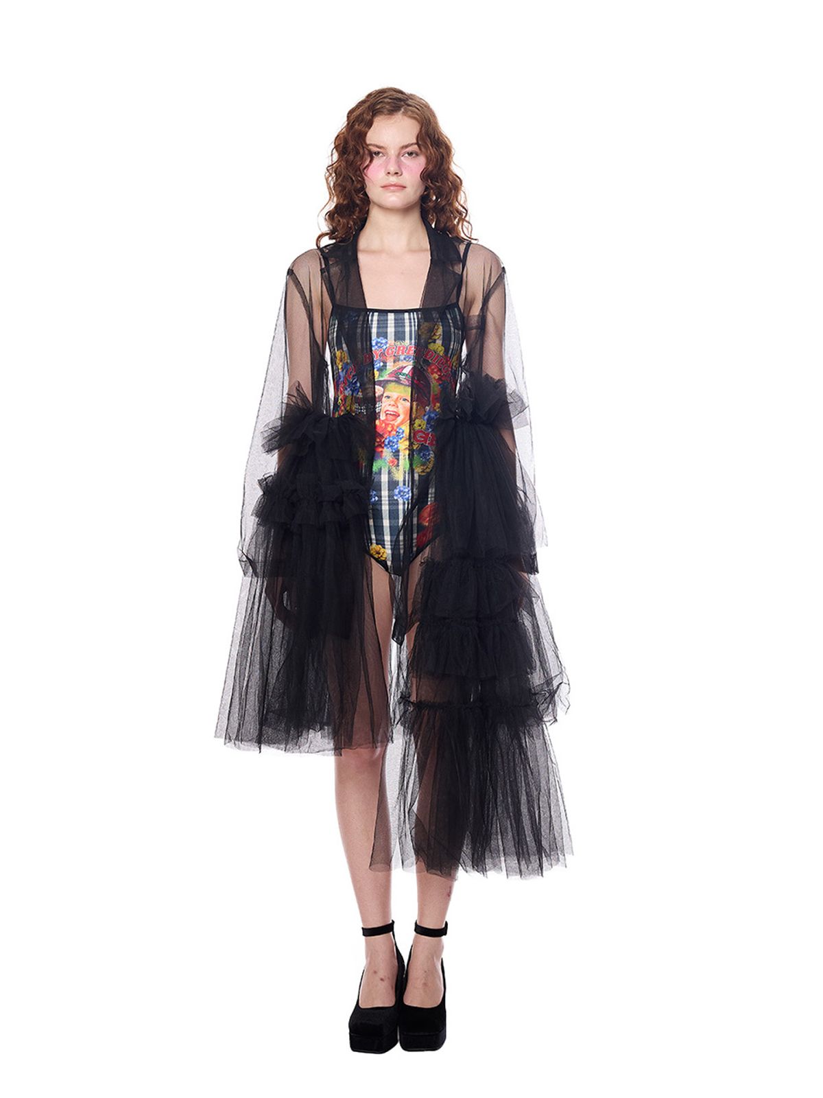 그리디어스(GREEDILOUS) Sheer Ruffle Shawl Dress
