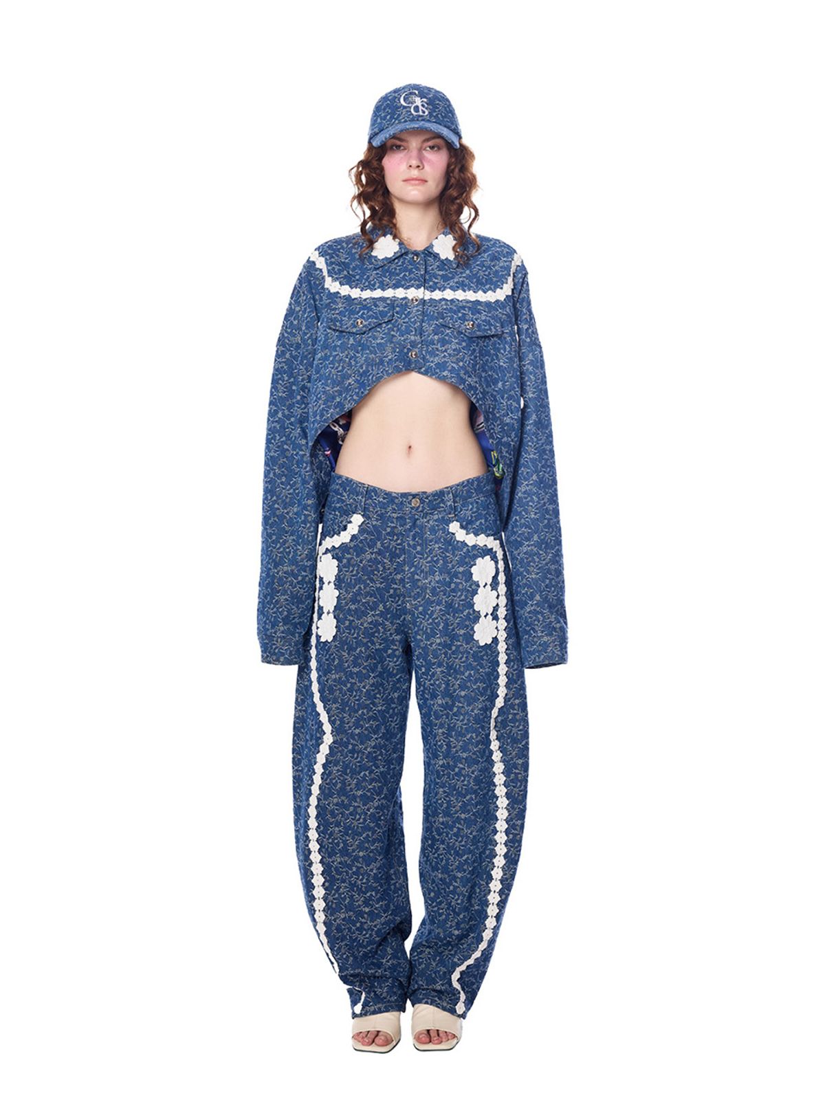 그리디어스(GREEDILOUS) Floral Lace Western Cropped Denim Jacket