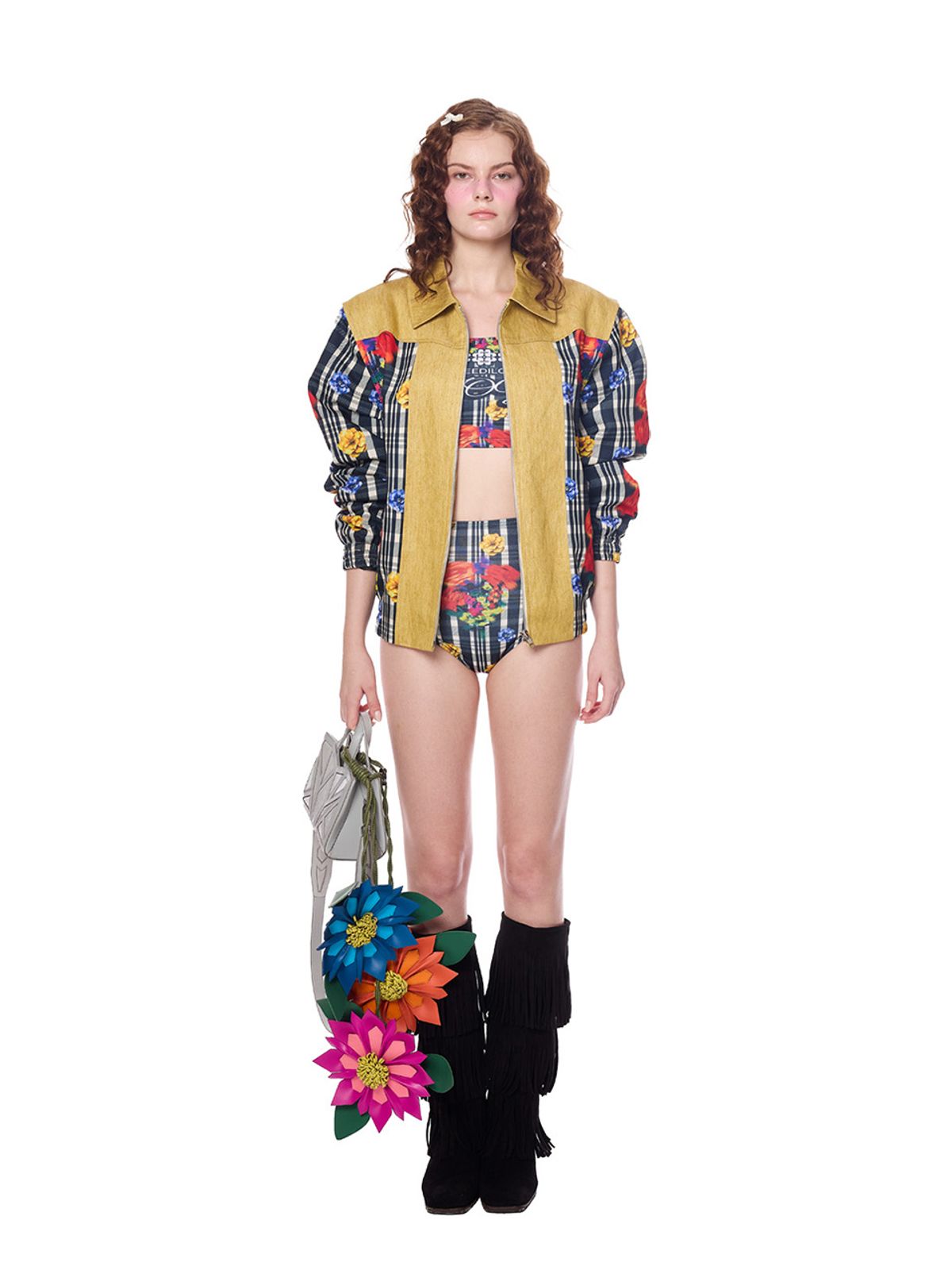 그리디어스(GREEDILOUS) Joy Emblem Check Floral Print Jumper