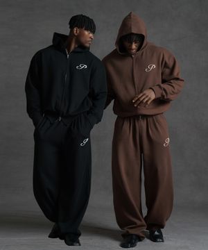 [SET] 오버핏 크롭 스웨트 2-way 후드집업 + 오버핏 와이드 스웨트 팬츠 (3COLOR)