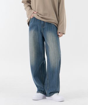 루즈 텍스처 스트라이프 벌룬핏 와이드 데님 팬츠 유니섹스 (중청)