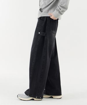 멀티 사이드 스트랩 밴딩 와이드 데님 팬츠 유니섹스 (블랙)
