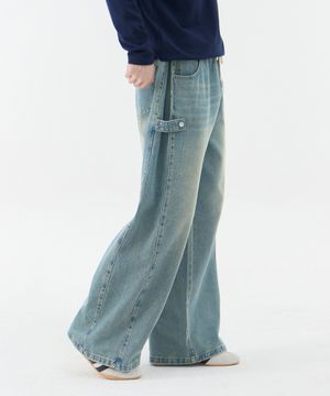 멀티 사이드 스트랩 밴딩 와이드 데님 팬츠 유니섹스 (중청)