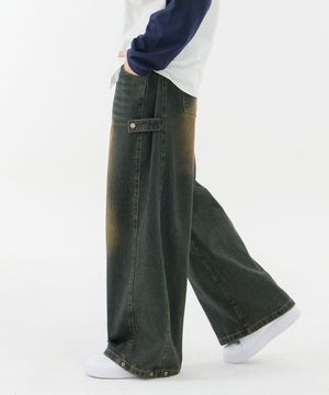 멀티 사이드 스트랩 밴딩 와이드 데님 팬츠 유니섹스 (옐로우틴)